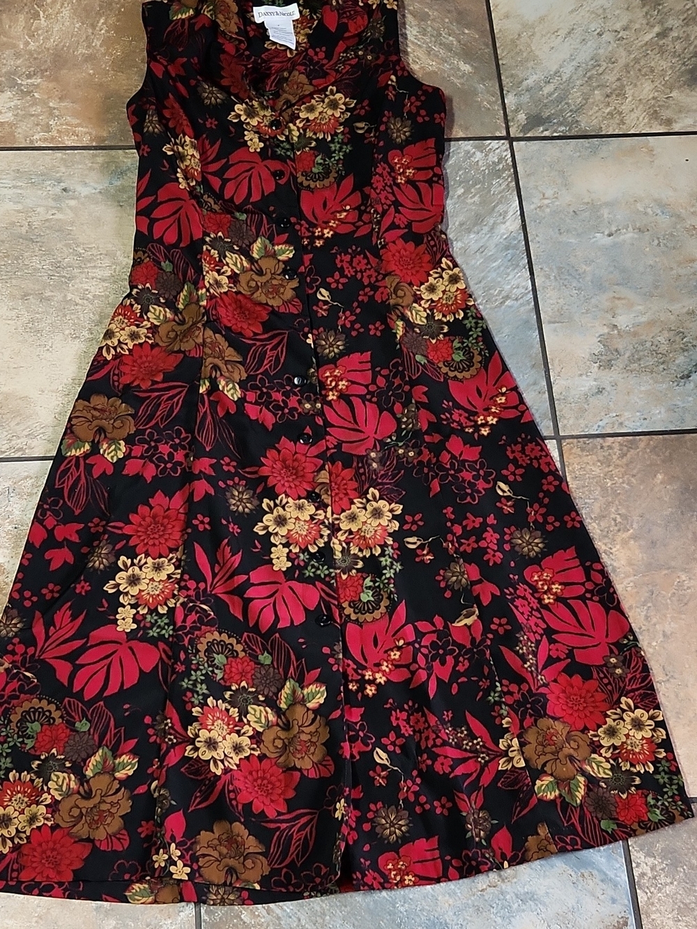 Danny & Nicole Black Midi Dress with Red and Gold Floral Print